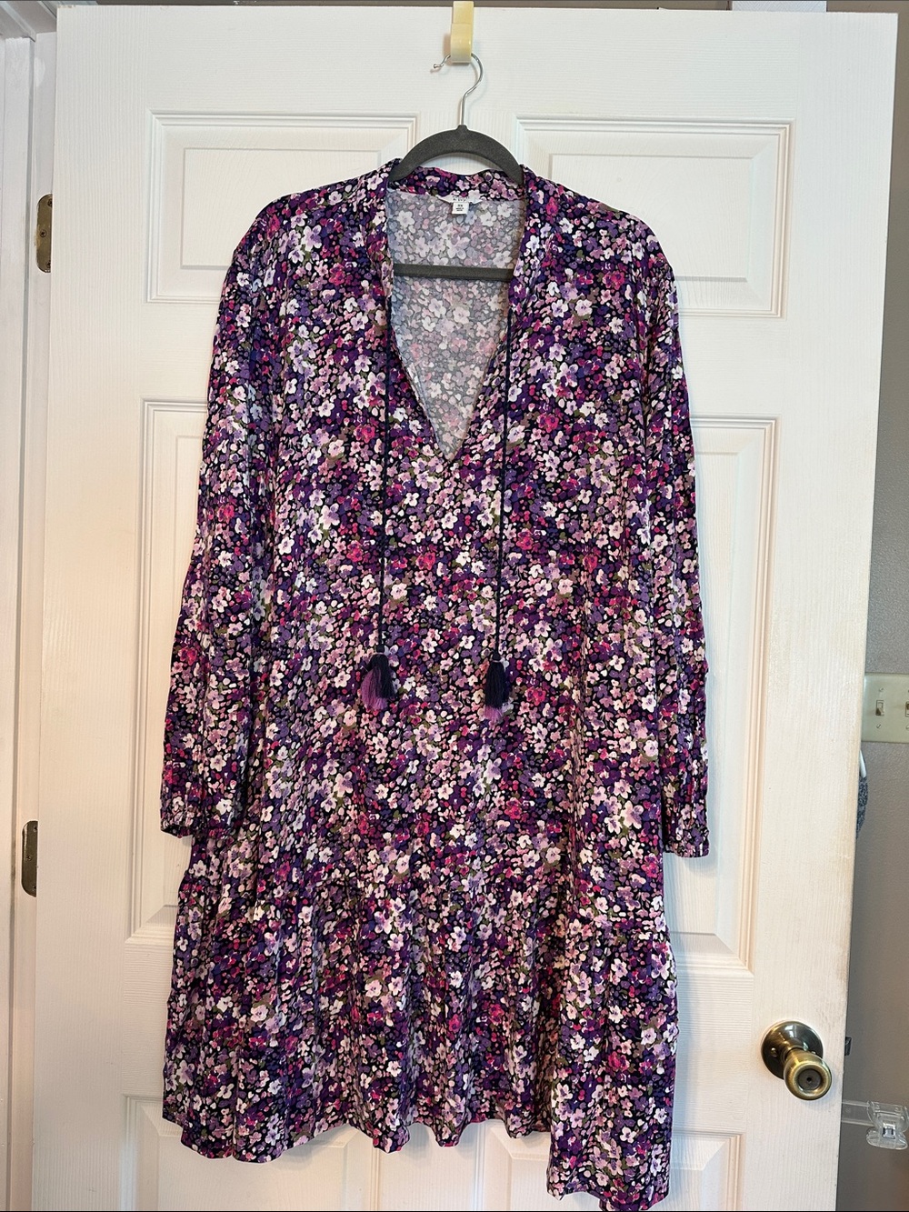crown & ivy Purple Floral Long-Sleeve V-Neck Dress with Tassel Ties